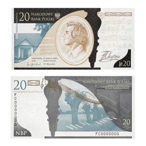 Na zdjęciu Banknot kolekcjonerski - 2010 - 20 ZŁ - 200. rocznica urodzin Fryderyka Chopina