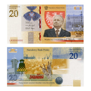 Na zdjęciu Banknot kolekcjonerski - 2021 - 20 ZŁ - Lech Kaczyński, Warto być Polakiem