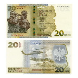 Na zdjęciu Banknot kolekcjonerski - 2022 - 20 ZŁ - Ochrona polskiej granicy wschodniej