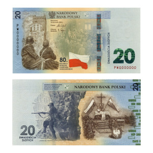 Na zdjęciu Banknot kolekcjonerski - 2024 - 20 ZŁ - 80. rocznica wybuchu Powstania Warszawskiego