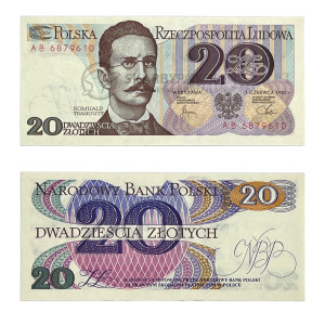 Na zdjęciu Banknot PRL - 20 ZŁOTYCH 1982 - SERIA AB - Romuald Traugutt