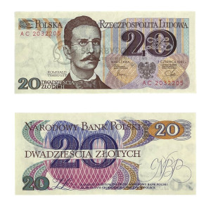 Na zdjęciu Banknot PRL - 20 ZŁOTYCH 1982 - SERIA AC - Romuald Traugutt