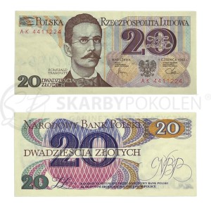Na zdjęciu Banknot PRL - 20 ZŁOTYCH 1982 - SERIA AK - Romuald Traugutt