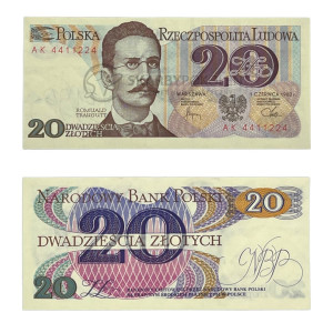 Na zdjęciu Banknot PRL - 20 ZŁOTYCH 1982 - SERIA AK - Romuald Traugutt