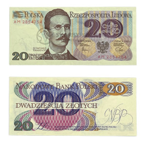 Na zdjęciu Banknot PRL - 20 ZŁOTYCH 1982 - SERIA AM - Romuald Traugutt