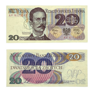 Na zdjęciu Banknot PRL - 20 ZŁOTYCH 1982 - SERIA AP - Romuald Traugutt