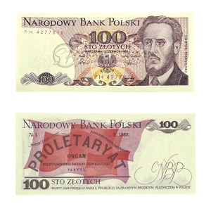 Na zdjęciu Banknot PRL - 100 ZŁOTYCH 1986 - SERIA PH - Ludwik Waryński