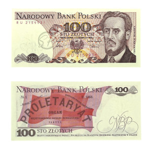 Na zdjęciu Banknot PRL - 100 ZŁOTYCH 1986 - SERIA RU - Ludwik Waryński