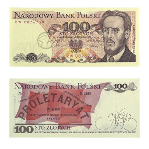 Na zdjęciu Banknot PRL - 100 ZŁOTYCH 1986 - SERIA RW - Ludwik Waryński