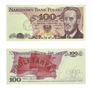 Na zdjęciu Banknot PRL - 100 ZŁOTYCH 1986 - SERIA SD - Ludwik Waryński