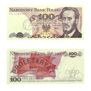 Na zdjęciu Banknot PRL - 100 ZŁOTYCH 1988 - SERIA PN - Ludwik Waryński