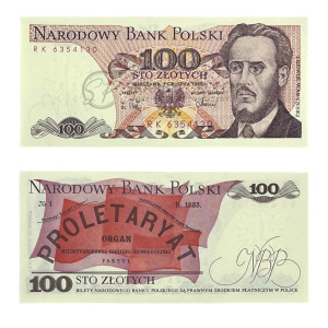 Na zdjęciu Banknot PRL - 100 ZŁOTYCH 1988 - SERIA RK - Ludwik Waryński