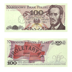 Na zdjęciu Banknot PRL - 100 ZŁOTYCH 1988 - SERIA TS - Ludwik Waryński