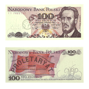 Na zdjęciu Banknot PRL - 100 ZŁOTYCH 1988 - SERIA TT - Ludwik Waryński