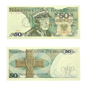 Na zdjęciu Banknot PRL - 50 ZŁOTYCH 1988 - SERIA GT - Karol Świerczewski
