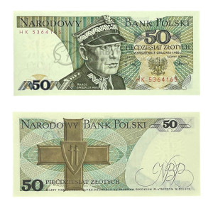 Na zdjęciu Banknot PRL - 50 ZŁOTYCH 1988 - SERIA HK - Karol Świerczewski