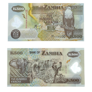 Na zdjęciu Banknot polimerowy - Zambia - 500 Kwacha - 2005
