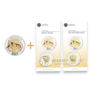 Na zdjęciu Moneta + dwa FOLDERY PL/EN - 5 złotych 2025 - Ratusz w Brzegu