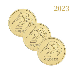 Na zdjęciu Zestaw 3 monet - 2 grosze 2023 - MW - Stan UNC