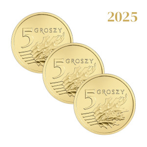 Na zdjęciu Zestaw 3 monet - 5 groszy 2025 - MW - Stan UNC