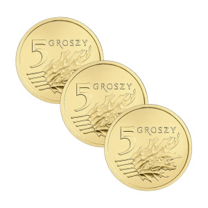 Na zdjęciu Zestaw 3 monet - 5 groszy 2023 - MW - Stan UNC