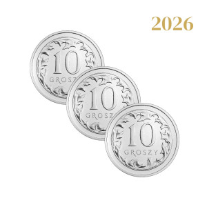 Na zdjęciu Zestaw 3 monet - 10 groszy 2026 - MW - Stan UNC