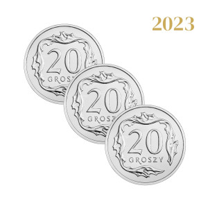 Na zdjęciu Zestaw 3 monet - 20 groszy 2023 - MW - Stan UNC