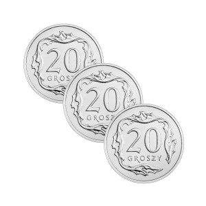 Na zdjęciu Zestaw 3 monet - 20 groszy 2023 - MW - Stan UNC