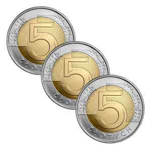 Na zdjęciu Zestaw 3 monet - 5 złotych 2023 - MW - Stan UNC