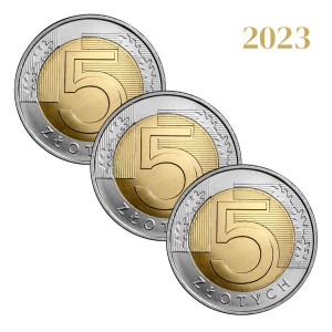 Na zdjęciu Zestaw 3 monet - 5 złotych 2023 - MW - Stan UNC