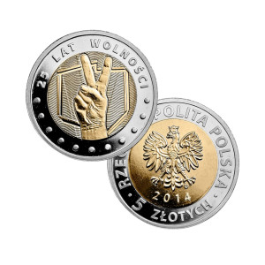 Na zdjęciu Moneta – 5 złotych 2014 - 25 lat wolności - Odkryj Polskę