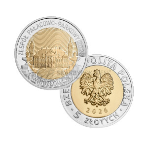 Na zdjęciu Moneta – 5 złotych 2026 - Zespół pałacowo-parkowy w Kozłówce - Odkryj Polskę