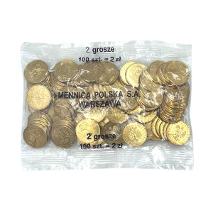 Na zdjęciu 2 grosze 2008 MW - Kolekcjonerski woreczek menniczy