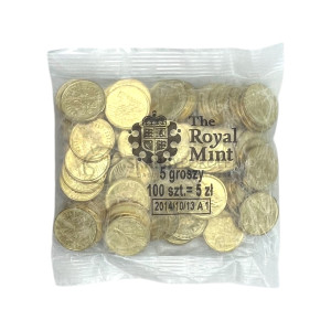 Na zdjęciu 5 groszy 2014 (The Royal Mint) - Kolekcjonerski woreczek menniczy